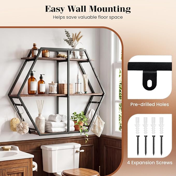 Tangkula Hexagon Wall Shelf, 3-Tier Geometric Bookcase - Image 8