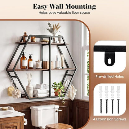 Tangkula Hexagon Wall Shelf, 3-Tier Geometric Bookcase - Image 8