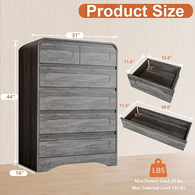 Grey Dresser for Bedroom with 6 Drawers, Tall Dressers & Chest of Drawers with - Image 2
