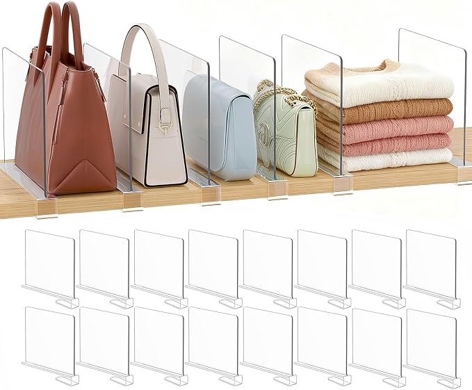 Purse Organizer for Closet Shelf Dividers: 16-Pack Adjustable Clear Acrylic Bag by Saccik