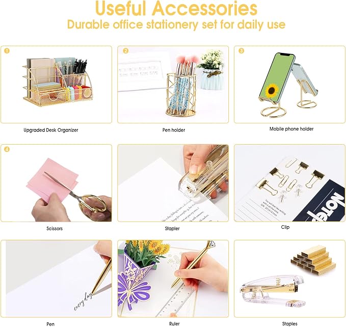 KAAKOW Gold Desk Organizers and Accessories Office Supplies Set Stapler - Image 5