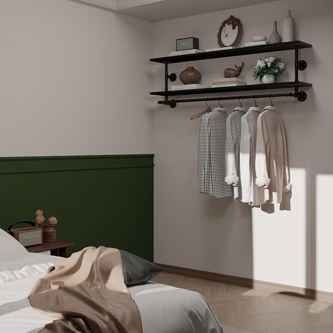 Black Clothes Rack 60in, 2-Tier Wall Mounted Garment Rack - Image 5