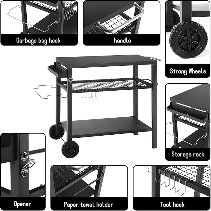 Grill Cart Table with Three Shelf, Movable Outdoor Dining Cart Pizza Oven Stand - Image 5