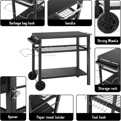 Grill Cart Table with Three Shelf, Movable Outdoor Dining Cart Pizza Oven Stand - Image 5