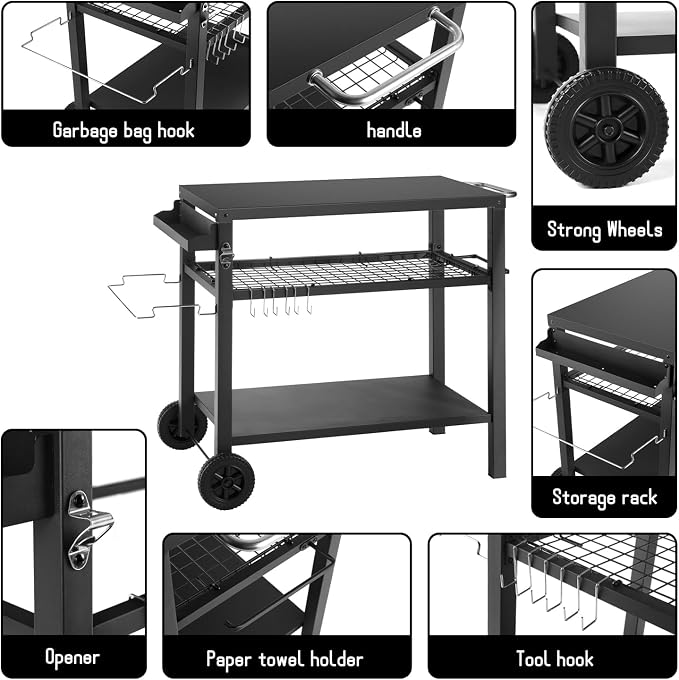Dining Cart Table with Three Shelf, Movable Outdoor BBQ Grill Pizza Oven Stand - Image 3