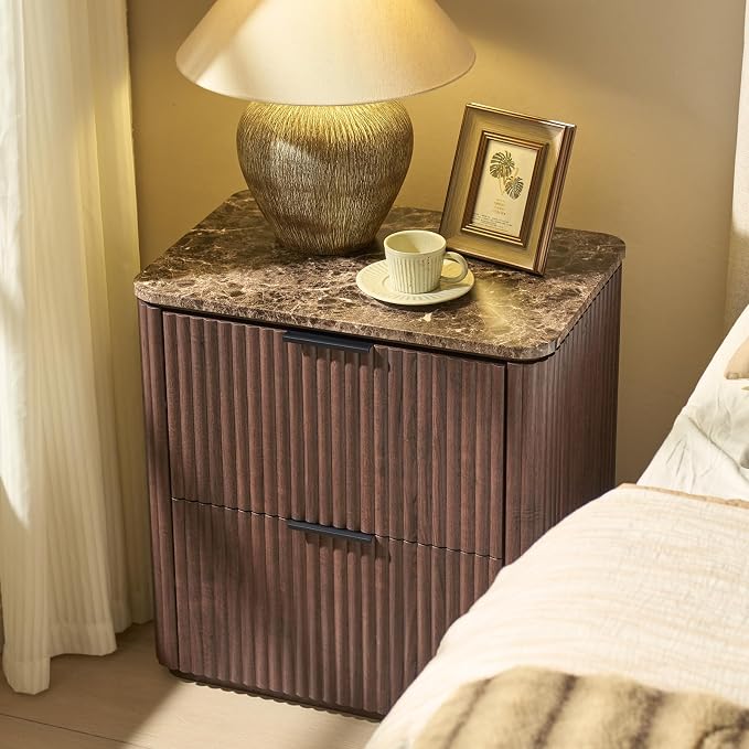 Fluted Nightstand with 2 Drawers, Bedside Table with Faux Marble-Top, - Image 5