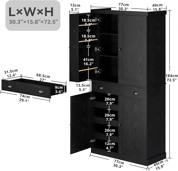 IRONCK Kitchen Pantry Cabinet 72" Height, Freestanding Cupboard - Image 3