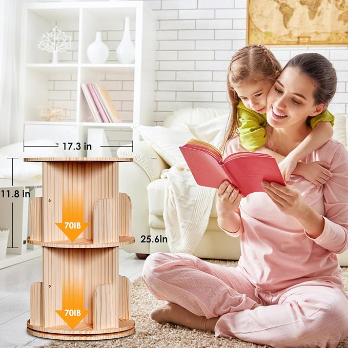 Kinembold Small Rotating Bookshelf, 2 Tier Revolving Bookcase 360 Display Round - Image 4