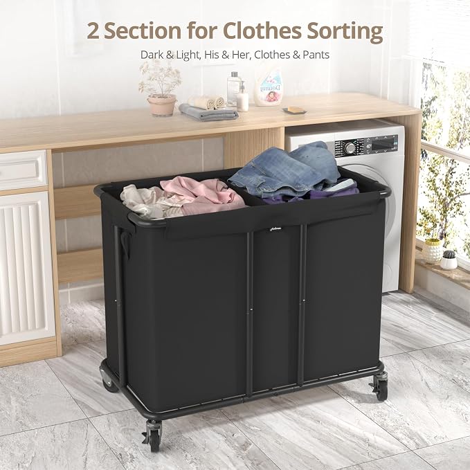 Laundry Hamper with Wheels, 2-Section 230L Large Capacity, Heavy-Duty Rolling - Image 2