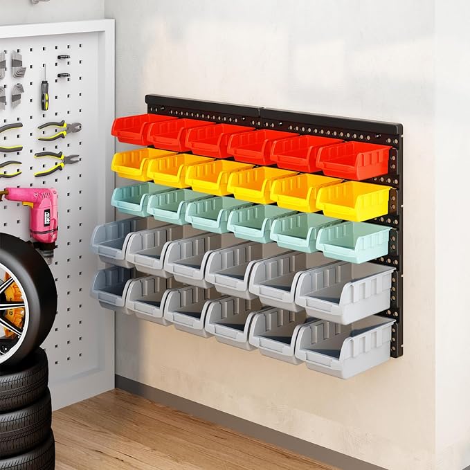 MULSAME Wall Mounted Storage Bins Parts Rack 4 Colors Bin Organizer Garage - Image 6