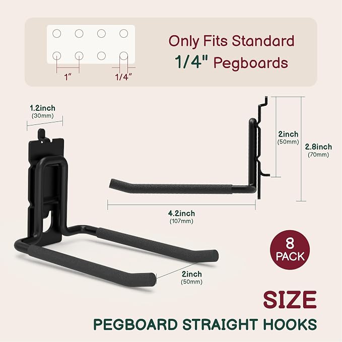 8-Pack Heavy Duty Double Arm Pegboard Hooks | Fit 1/4 Inch Pegboards - Image 2
