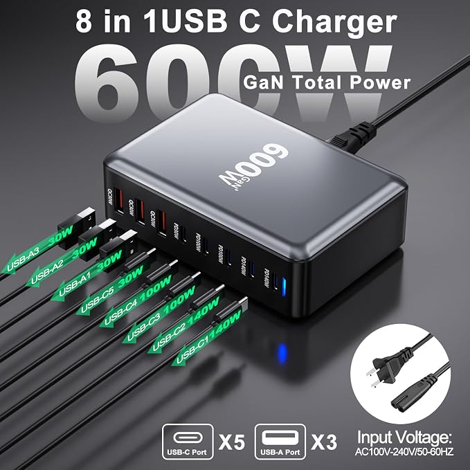 600W USB Charging Station, 8-in-1 Multiple USB C Charger Block, Dual PD 140W - Image 2