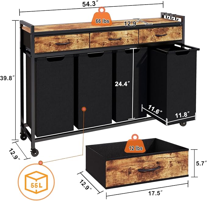 Laundry Hamper, Laundry Sorter 4 Sections, Rolling Laundry Basket - Image 7
