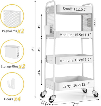 TOOLF 4 Tier Rolling Cart with Pegboard, Metal Storage Organizer Cart with - Image 9