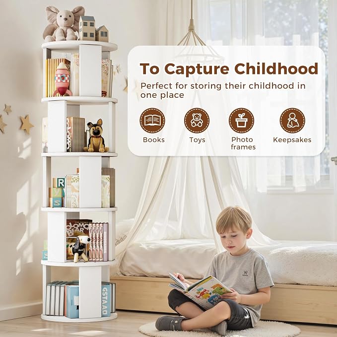5 Tier Rotating Bookshelf Tower, 360° Display Round Bookcase, Floor Standing - Image 6