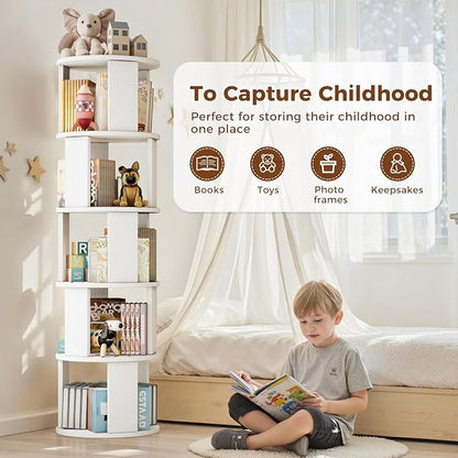 5 Tier Rotating Bookshelf Tower, 360° Display Round Bookcase, Floor Standing - Image 6