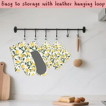 Retro Lemon Floral Silicone Oven Mitts and Pot Holders, Heat-Resistant 4 Piece - Image 5