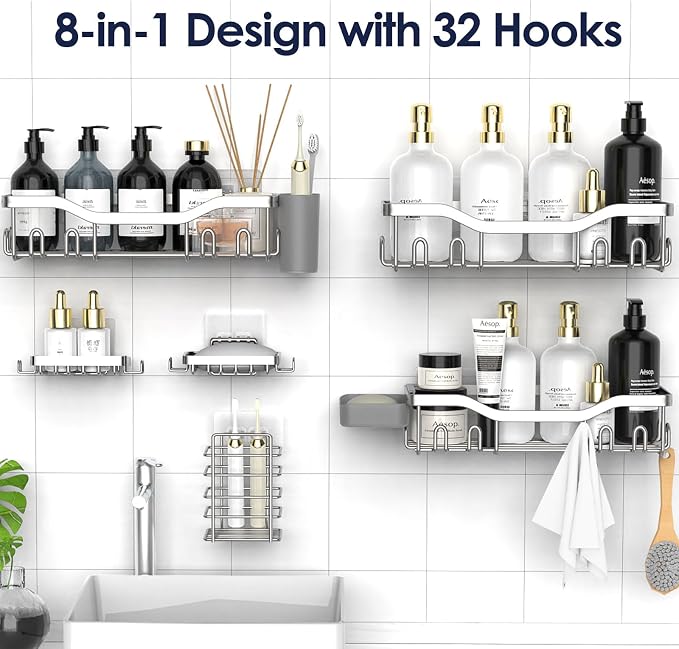 NESOMI Shower Caddy Adhesive Shower Organizer 8-Pack, Rustproof Stainless Steel - Image 4