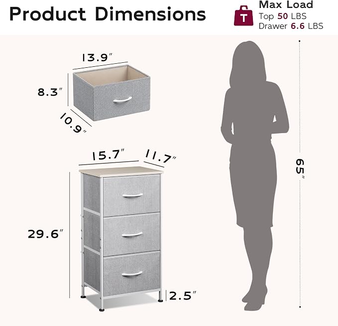 WLIVE Small Dresser Nightstand for Bedroom, 3 Drawers, Light Grey | 3 roomy - Image 3