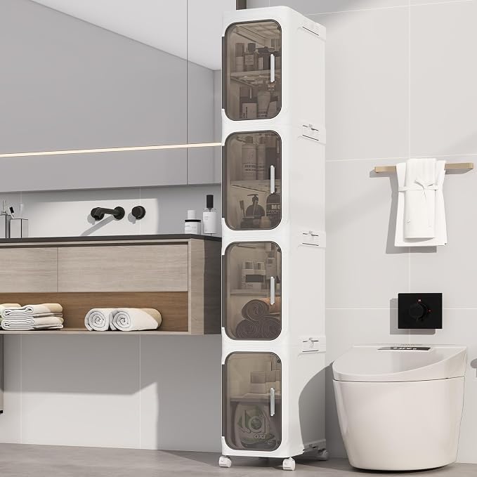 4 Tier Slim Bathroom Storage Cabinet, Foldable and Movable, ABS and PET by Neathub