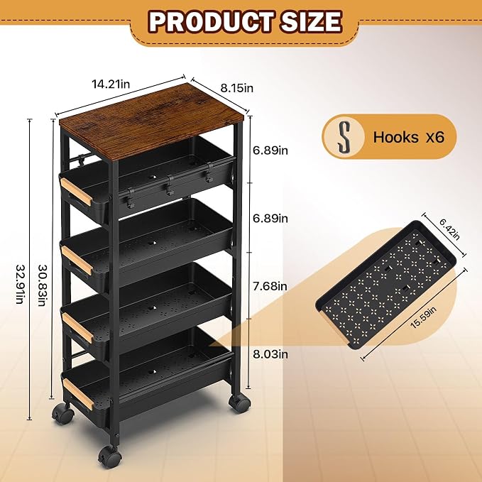 SUNALLY Slim Storage Cart with Wheels, Narrow Kitchen Rolling Cart, Storage - Image 3