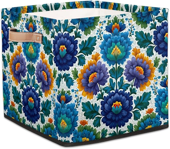 TropicalLife 13x13x13 Inch Large Fabric Storage Cube Blue Flowers Print by TropicalLife
