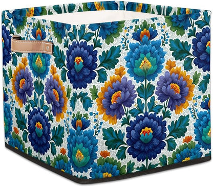 TropicalLife 13x13x13 Inch Large Fabric Storage Cube Blue Flowers Print by TropicalLife