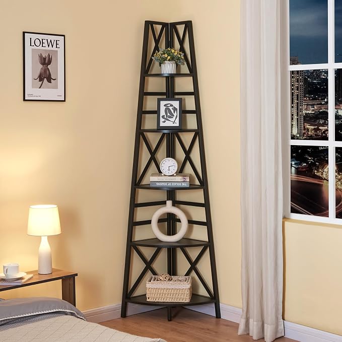HOMBAZAAR 5 Tier Corner Shelf, 72 Inch Industrial Corner Bookshelf, Tall Ladder - Image 4