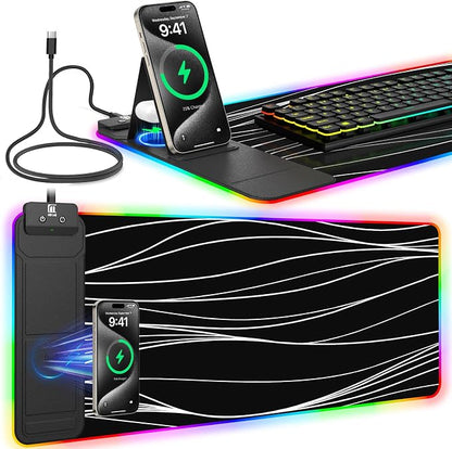 RGB Mouse Pad with Foldable Phone Stand & Wireless Charger, 31.5"x11.8" XL by miroddi