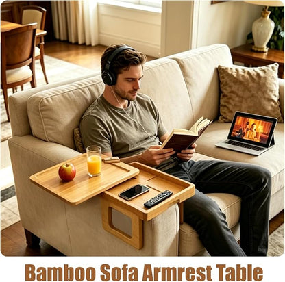 Bamboo Sofa Arm Tray Rotating Tabletop Couch Arm Table | Storage & Phone Holder - Image 7