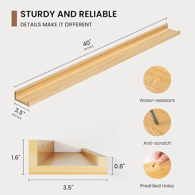 Picture Ledge Shelf, Solid Pine Wood Floating Shelves Set of 2, 40 Inches - Image 3