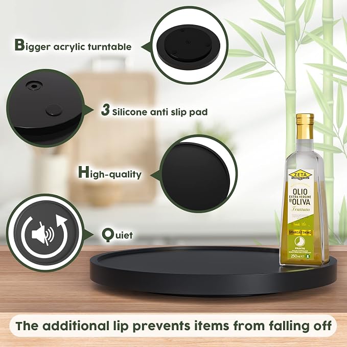 Lazy Susan for Table, 12 Inch Non-Skid Bamboo Turntable Organizer for Salt - Image 6