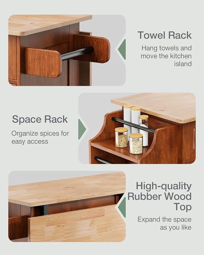 Kitchen Island with Drop Leaf and Storage, on Wheels Two Drawers, Large Storage - Image 4