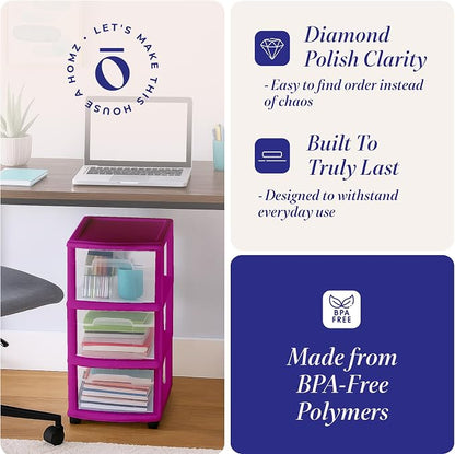 HOMZ Drawer Tower, 3-Tier Clear Plastic Storage Organizer Cart, and Classroom - Image 5