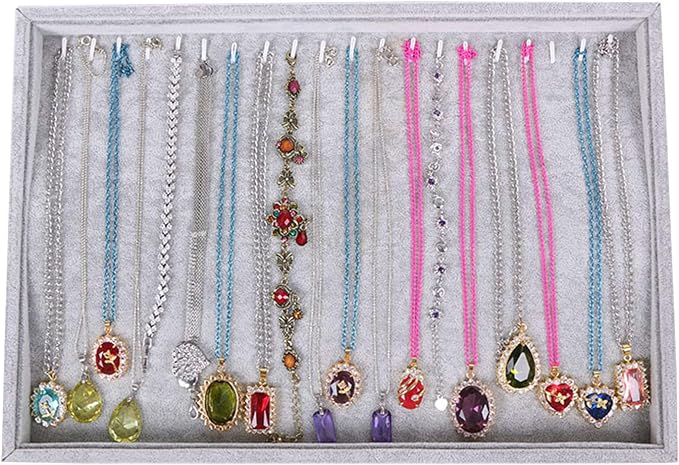Gray Velvet Stackable 20 Hooks Necklace Jewelry Tray Showcase Display Organizer by Pimuza