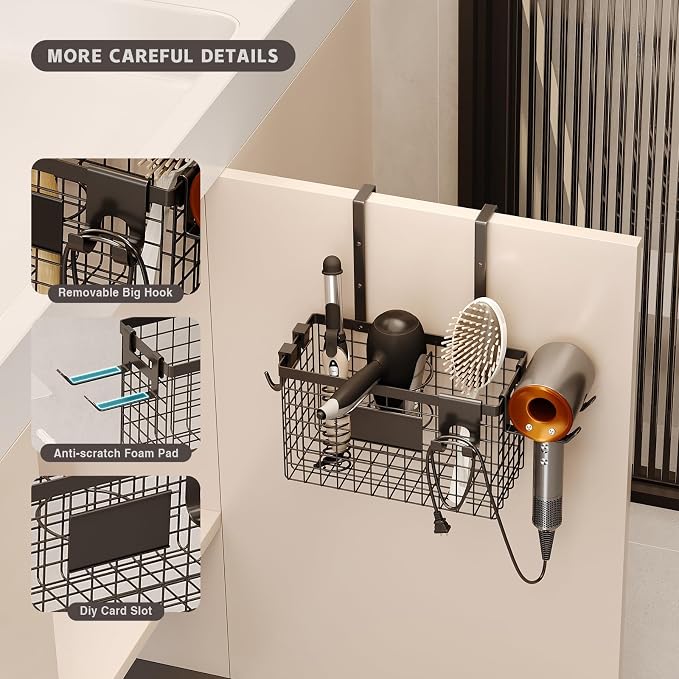 Hair Dryer Holder Cabinet Door 3-in-1 Adhesive Hair Tool Organizer Wall Mounted - Image 4