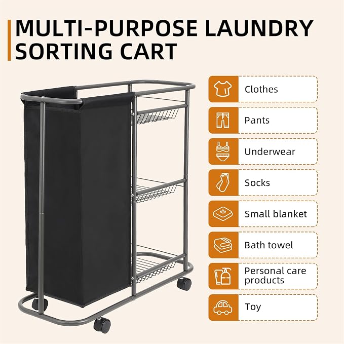 Rolling Laundry Cart with Wheels: 3-Tier Laundry Caddy Between Washer and Dryer - Image 5