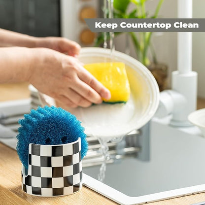 Checkered Kitchen Sink Sponge Holder, Dish Sponge Rack Ceramic Brush Holder - Image 6