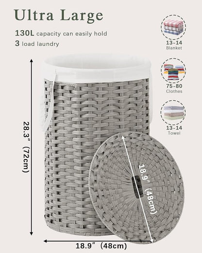 Large Laundry Hamper Laundry Basket Round 34.3 Gal Handwoven Wicker Laundry - Image 4