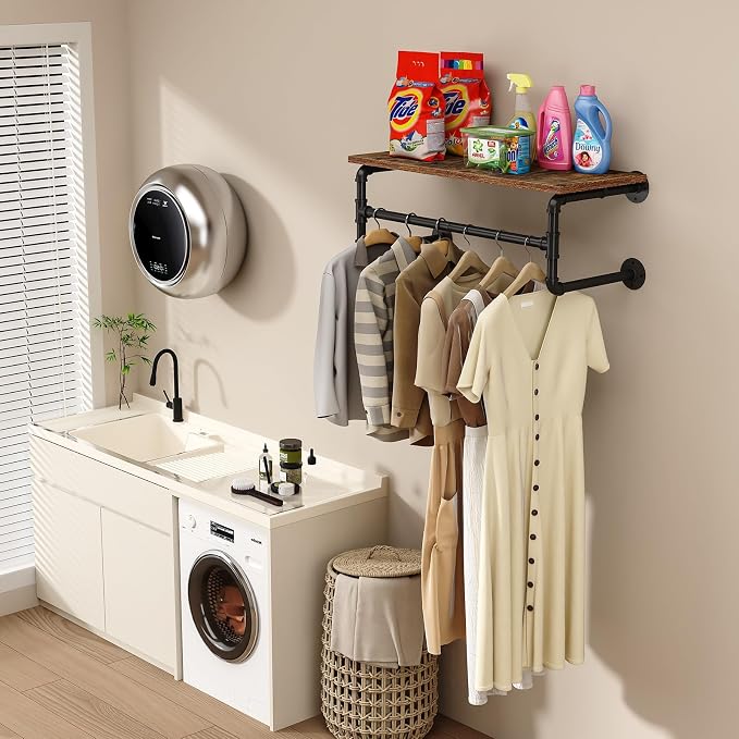 Clothes Rack with Top Shelf, 29.1in Industrial Pipe Wall Mounted Garment Rack - Image 4