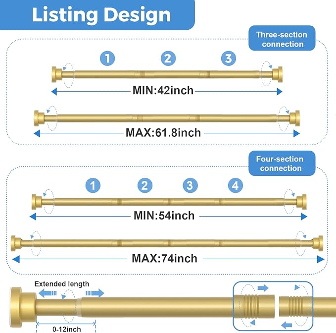 Shower Curtain Rod 45-77 Inch Gold Shower Rod Tension Rod Adjustable Curtain - Image 3