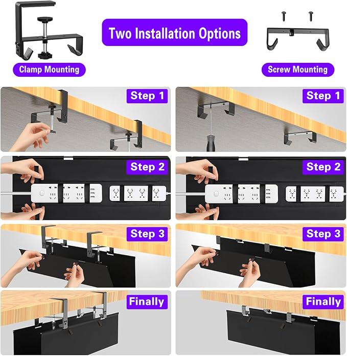 No Drill Under Desk Cable Management Tray, Clamp/Screw Mount Desk Cable - Image 5