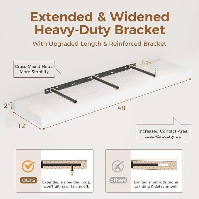 White Floating Shelves 48 Inch Long, 12 Inch Deep Floating Shelves - Image 2
