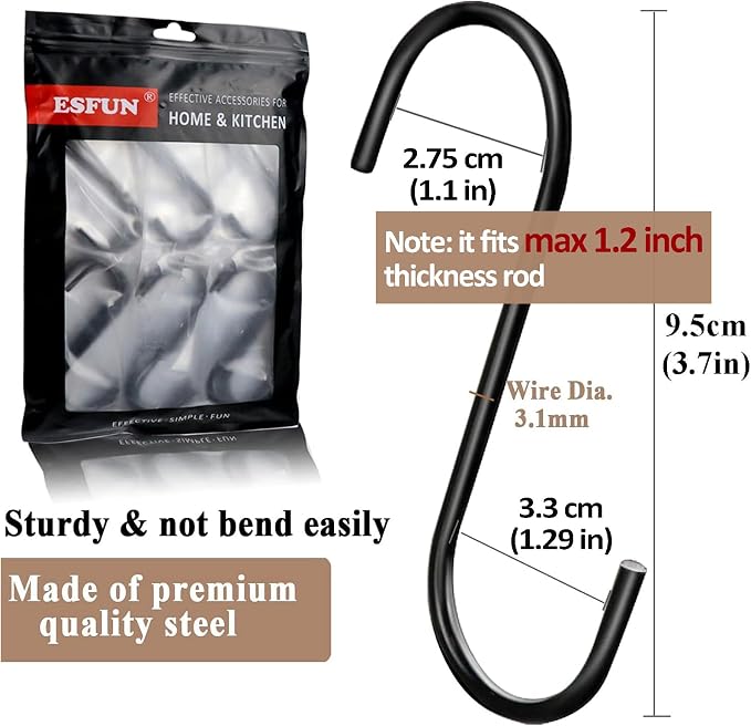 ESFUN 30 Pack 3.7 inch Length S Hooks Black Steel S Shaped Hooks - Image 2
