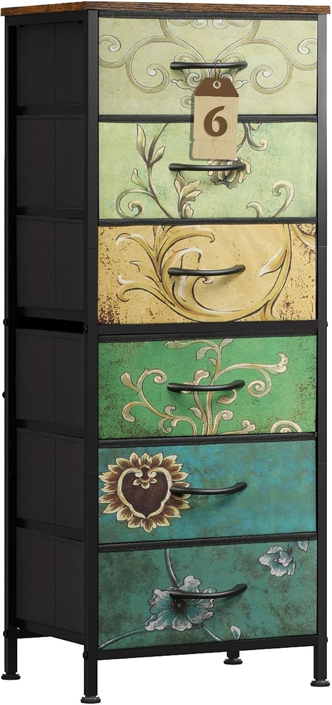 WLIVE Tall Dresser for Bedroom, 6 Drawer Dresser, Floral | 6 vertical fabric by WLIVE