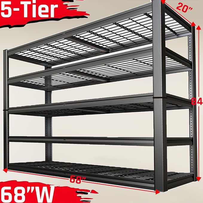 68" Wide Heavy Duty Garage Shelving Units, 5-Tier Deep Storage Shelves - Image 3