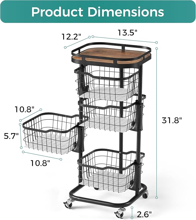 4 Tier Rotating Kitchen Storage Cart, Fruit Vegetable Potato Rack Stand | - Image 6