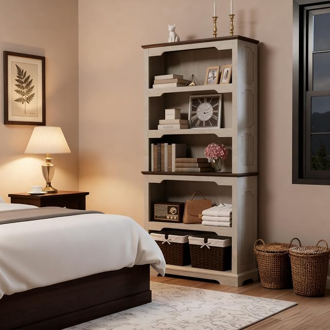 70 Inch Farmhouse Bookcase, Distressed White and Walnut Two-Tone Shelves - Image 7