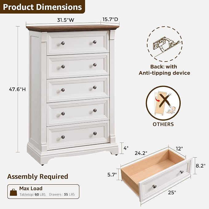 T4TREAM Farmhouse 5 Drawer Dresser - Image 2