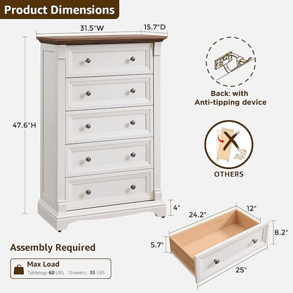 T4TREAM Farmhouse 5 Drawer Dresser - Image 2
